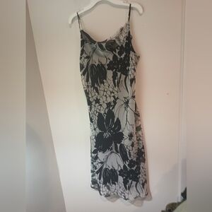 Y2K Johnnie M Floral Slip Dress Size 8 Black WhiteChiffon Overlay Midi Cowl Neck